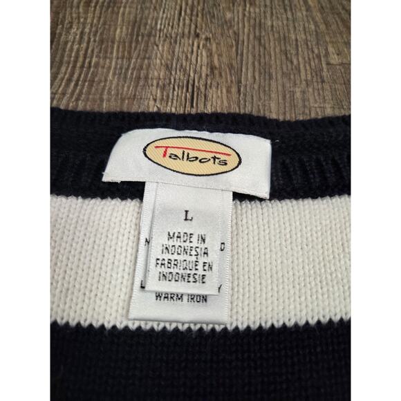 Talbots Navy Blue White Stripe Crewneck Sweater Pullover Size Large - Picture 2 of 4